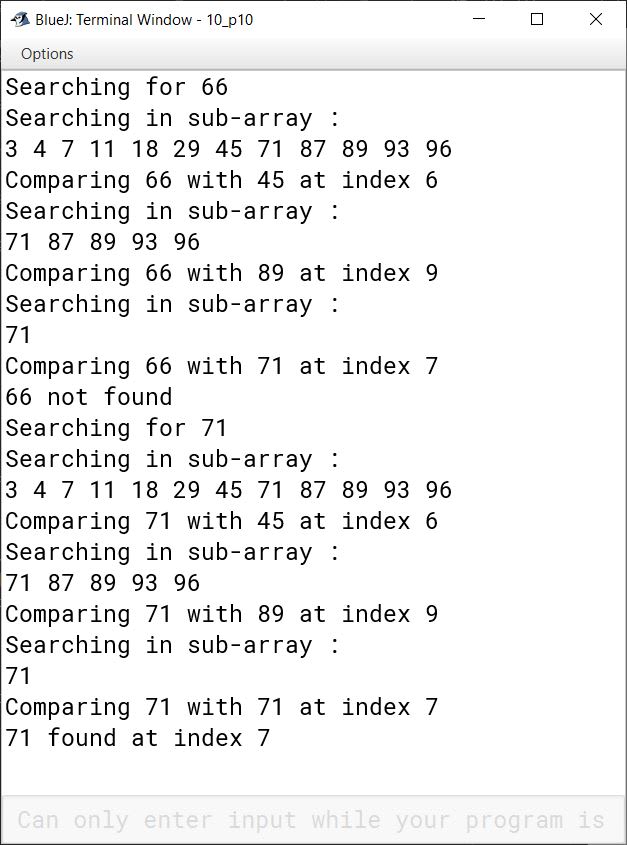 BlueJ output of KboatBinarySearch.java