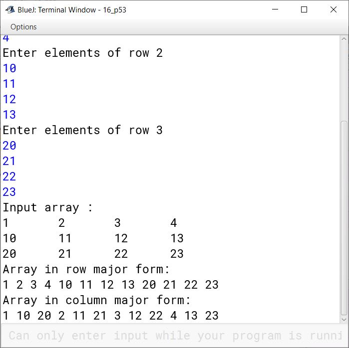 BlueJ output of KboatDDARowColMajor.java