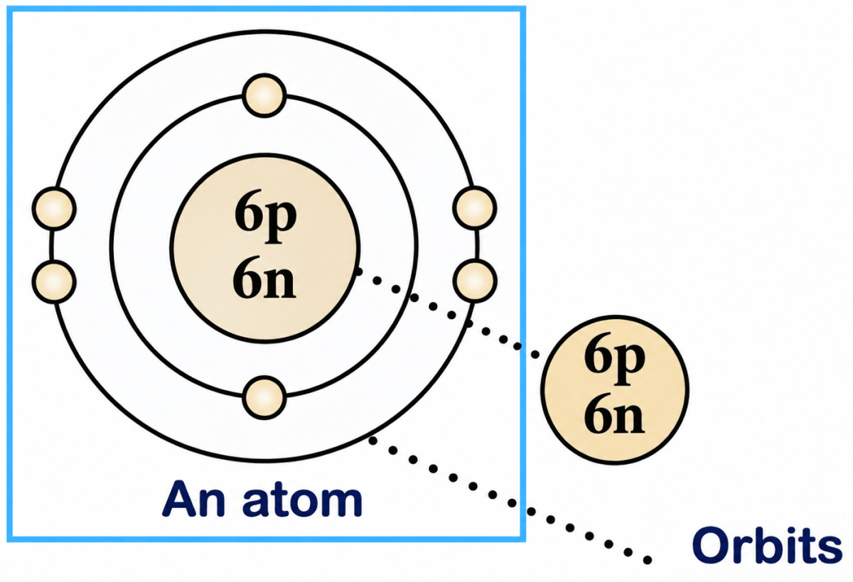 Draw a labelled diagram of an atom including its nucleus, orbits & their contents. Elements, Compounds & Mixtures, ICSE Class 6 Dalal Chemistry CBSE Solutions.