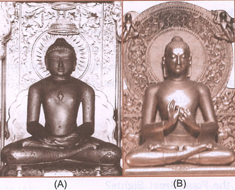 With reference to the picture given, answer the following question. Identify the two preachers, whose images are given. Name the religions founded by them. Mention three main teachings of each of the two religions founded by these preachers. Mention any two similarities and two dissimilarities between the two religions founded by them. Jainism and Buddhism, Total History and Civics Solutions ICSE Class 9.