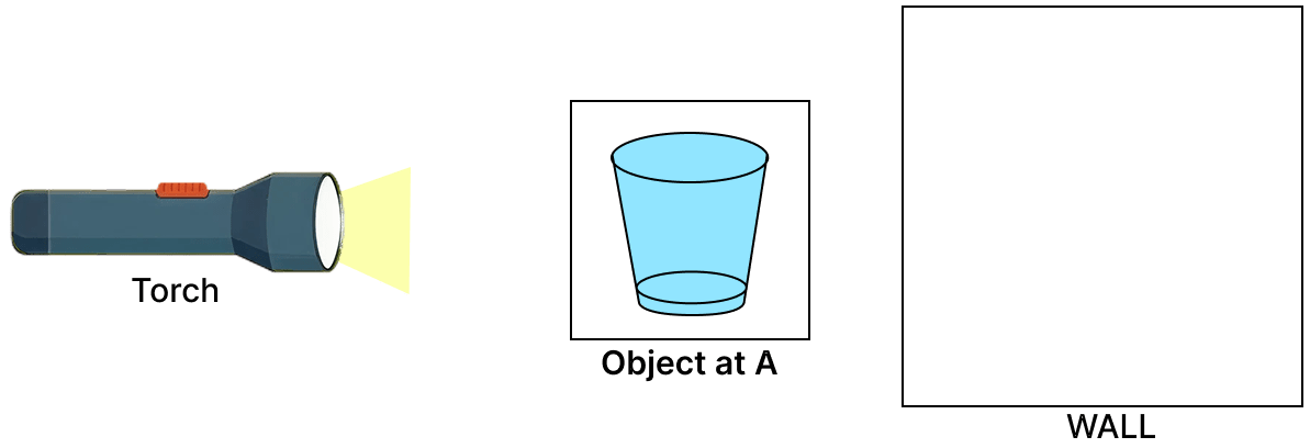 You have three objects. A tennis ball, an empty glass and butter paper. Place these objects one by one at position A. Draw the shadow obtained in each case in your notebook. Light, Viva Physics Solutions ICSE Class 6.