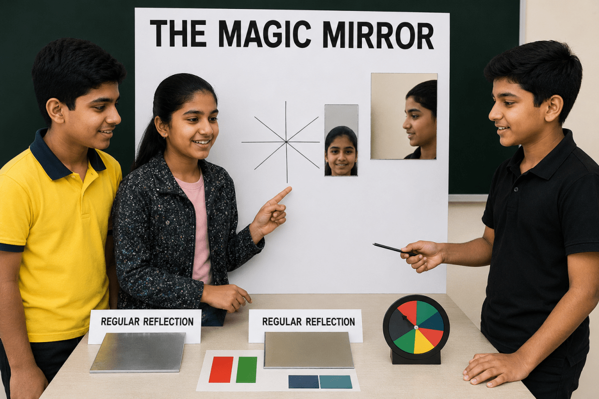 Sara and her friends were preparing for their science exhibition. Their project was called The Magic Mirror. They used a plane mirror to show how light reflects and forms images. Light, Viva Physics Solutions ICSE Class 6.