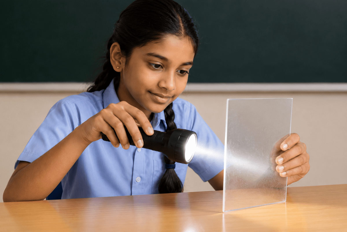 Mansi decided to test the laws of reflection at home. She took a plane mirror, a torch, and a protractor. She shone the torch at the mirror and marked the angle of incidence and angle of reflection on a paper. Light, Viva Physics Solutions ICSE Class 6.