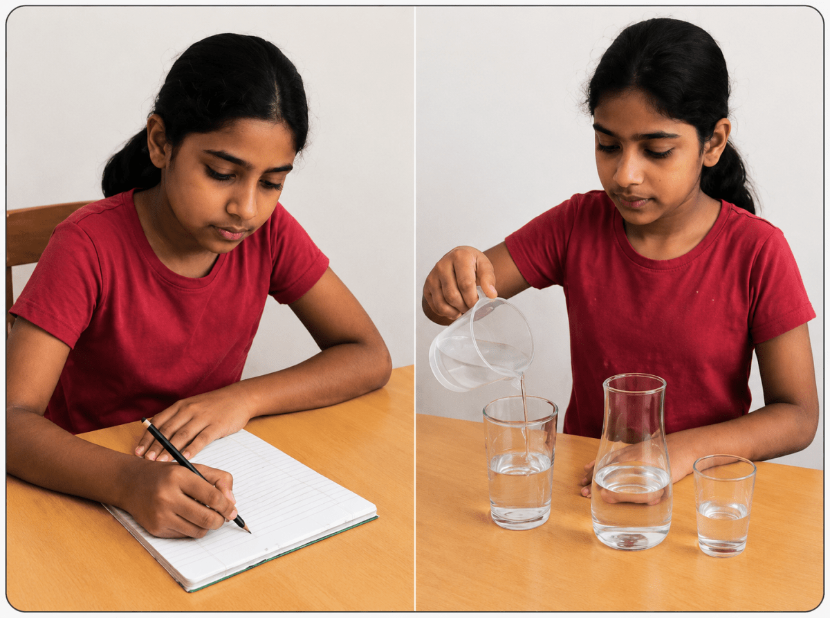 Gunjan decided to do a few experiments at home. First, she measured the area of her study table using a notebook and counted how many notebooks could fit on it. She then filled a measuring cup with water and poured it into containers of different shapes to understand how volume changes with shape. Next, she took a plastic ball and a metal ball of the same size and dropped them in water. Both sank, but the metal one felt heavier. She checked their mass and calculated density using a formula: mass ÷ volume. Finally, she marked two points on the floor and timed how fast her toy car moved from one point to the other. She did this three times and averaged the values to find the speed. Physical Quantities and Measurement, Viva Physics Solutions ICSE Class 7.