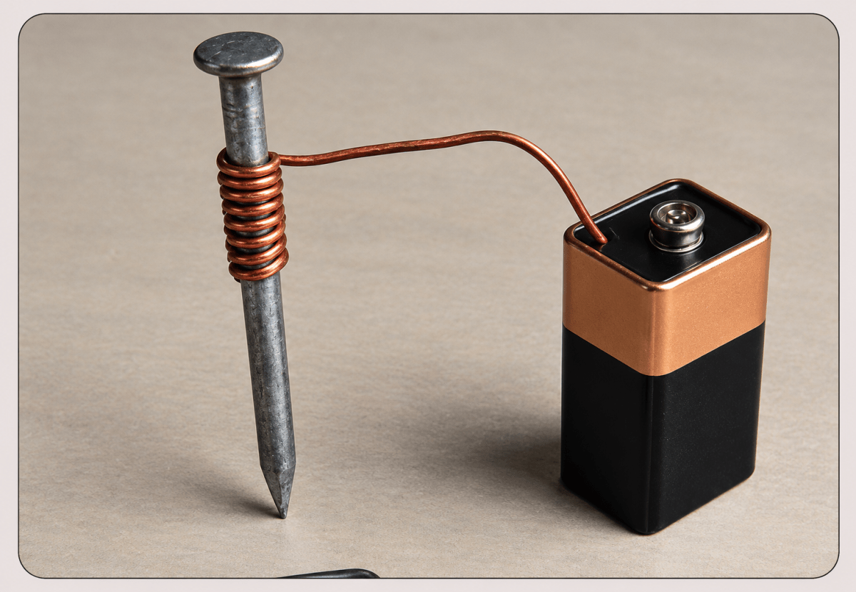 Wrap insulated copper wire around an iron nail. Connect both ends of the wire to a battery. Now bring the nail near paper clips. Then disconnect the battery and try again. Electricity and Magnetism, Viva Physics Solutions ICSE Class 7