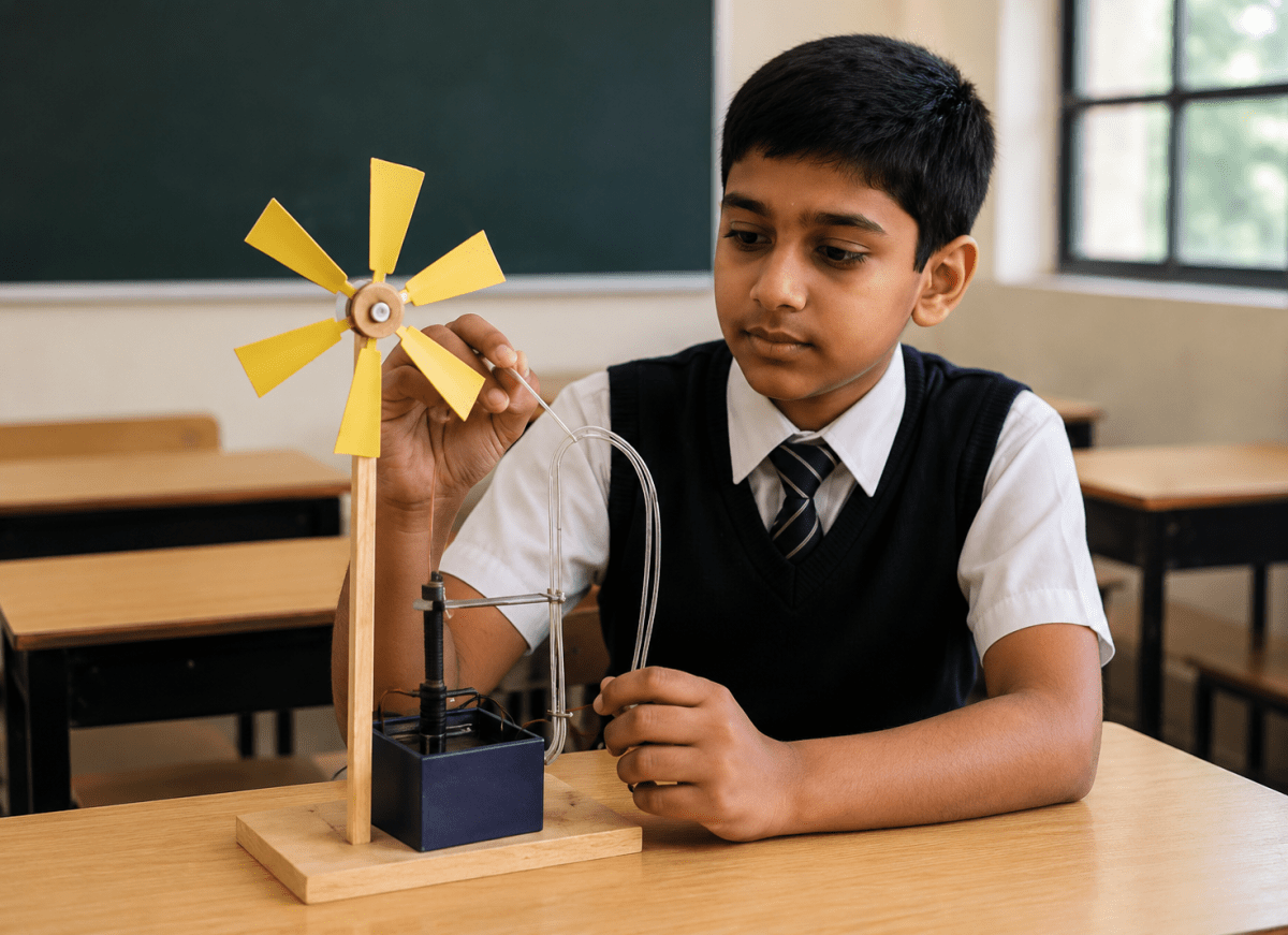 Kartik loved making new things. After learning about energy transformations, he designed a model of a wind-powered water pump. He imagined wind turning a fan, which would rotate a wheel connected to a pump. This would help lift water in fields without electricity. Energy, Viva Physics Solutions ICSE Class 6.