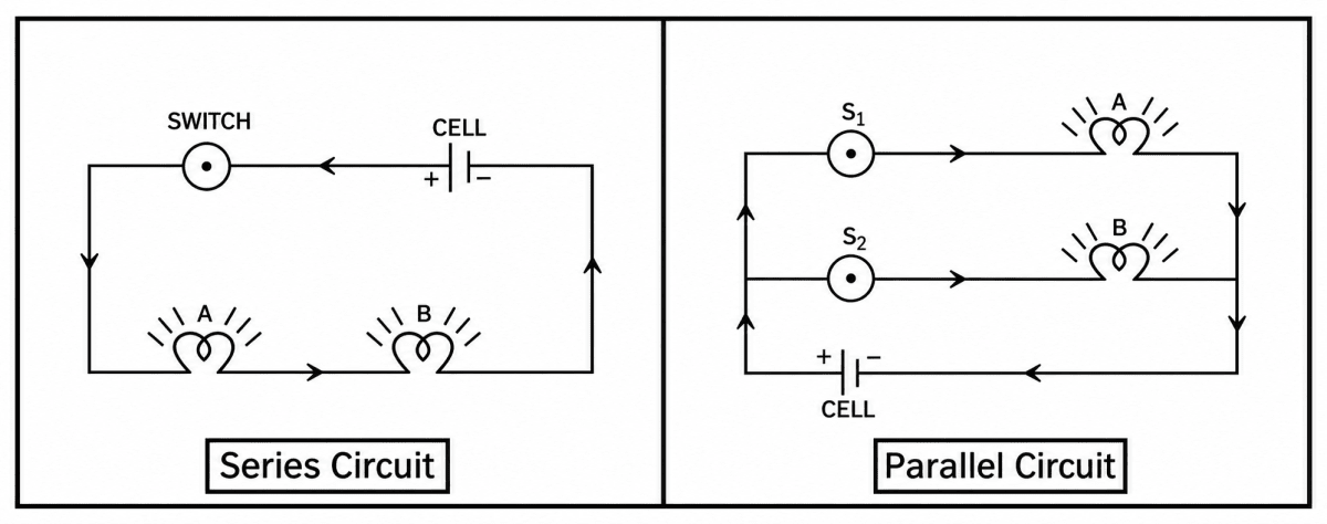 In Diwali lights, when one bulb fused, all others stopped working. But in a string with a different connection, the rest kept glowing even if one bulb went off. Electricity and Magnetism, Viva Physics Solutions ICSE Class 7