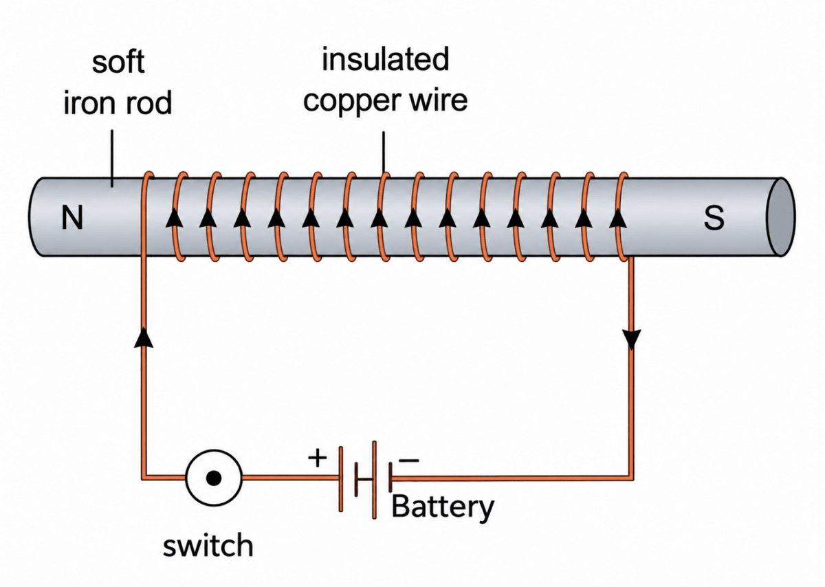 Describe the construction and working of a simple electromagnet. Mention its two uses. Electricity and Magnetism, Viva Physics Solutions ICSE Class 7