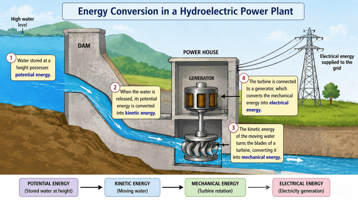 Illustrate with a diagram the various forms of energy conversion in a hydroelectric power plant. Energy, Viva Physics Solutions ICSE Class 6.