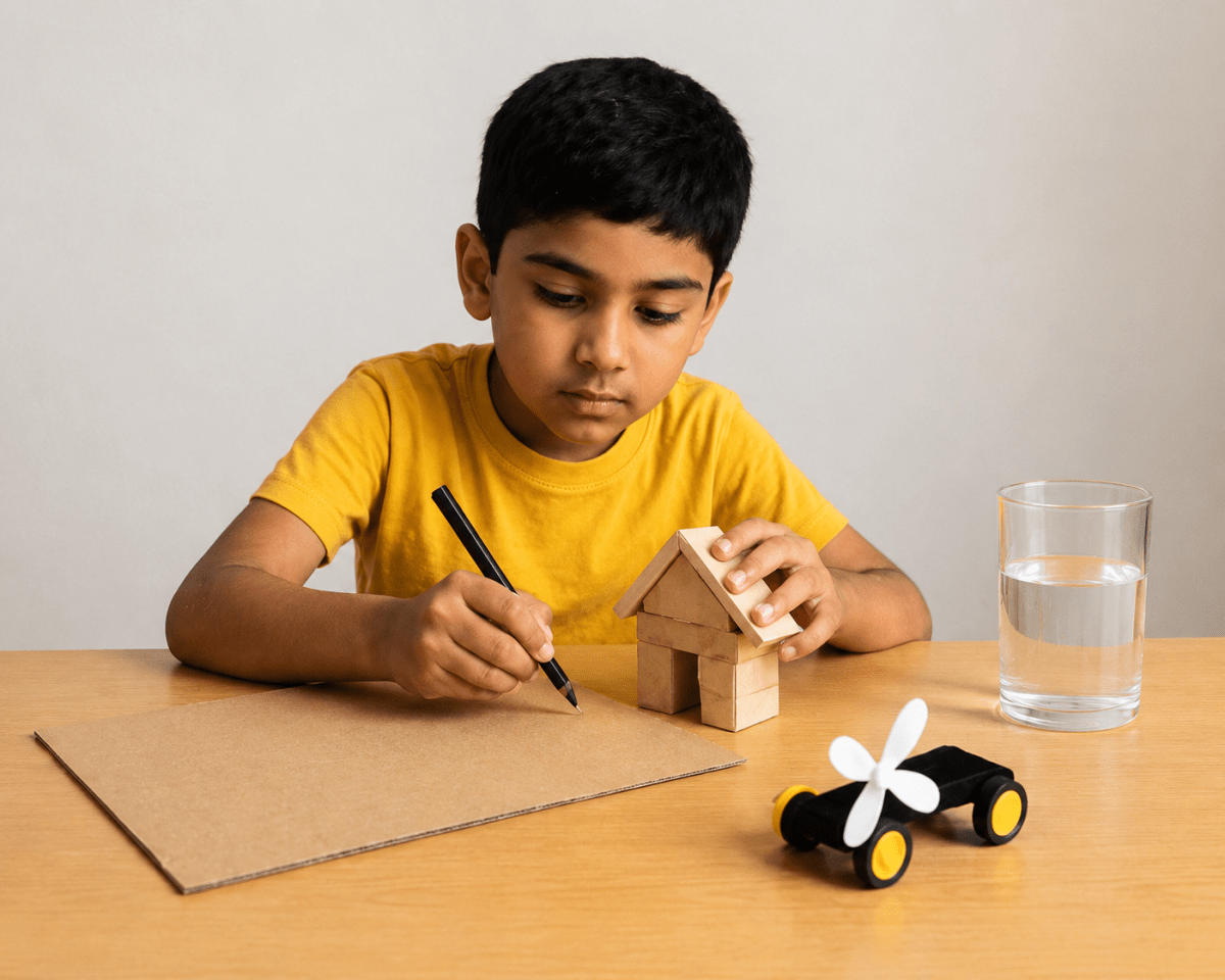 Shyam was asked to plan a science project. He decided to combine everything he had learnt. He first measured the area of a cardboard sheet to design a model house. Then, he used small blocks to build the house and calculated the volume of the structure. To make his model light but strong, Shyam selected materials by checking their density. He avoided materials that were too heavy for the same volume. Lastly, he built a small wind-powered car and tested how far it could go in 10 seconds to estimate its speed. Shyam combined all his knowledge to build something meaningful. Physical Quantities and Measurement, Viva Physics Solutions ICSE Class 7.