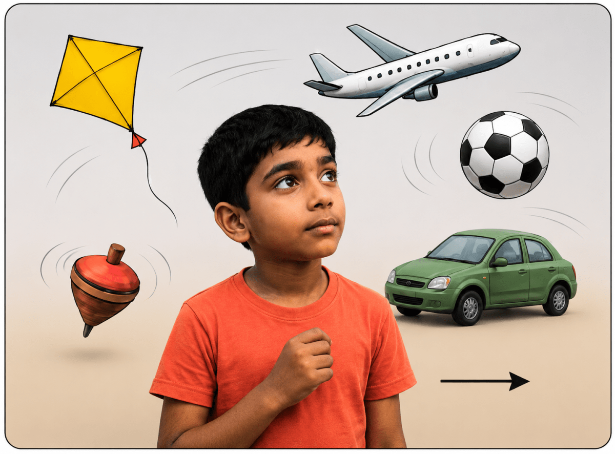 Rahul was observing different objects around him. He noticed the hands of the clock moving in circles, the school bell vibrating when it rang, and his school bus moving in a straight line on the road. He recorded these in his notebook and later discussed with his teacher to find out the types of motion. She explained that these were circular, periodic and rectilinear motion. Motion, Viva Physics Solutions ICSE Class 6.