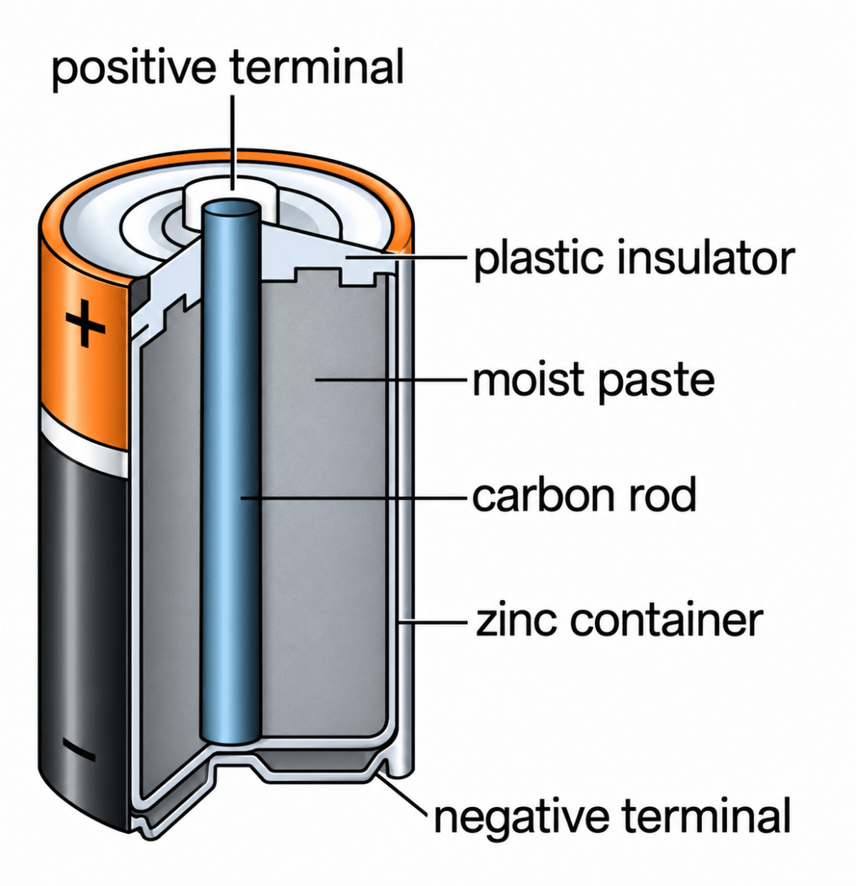 What are the components of a dry cell? Electricity and Magnetism, Viva Physics Solutions ICSE Class 7
