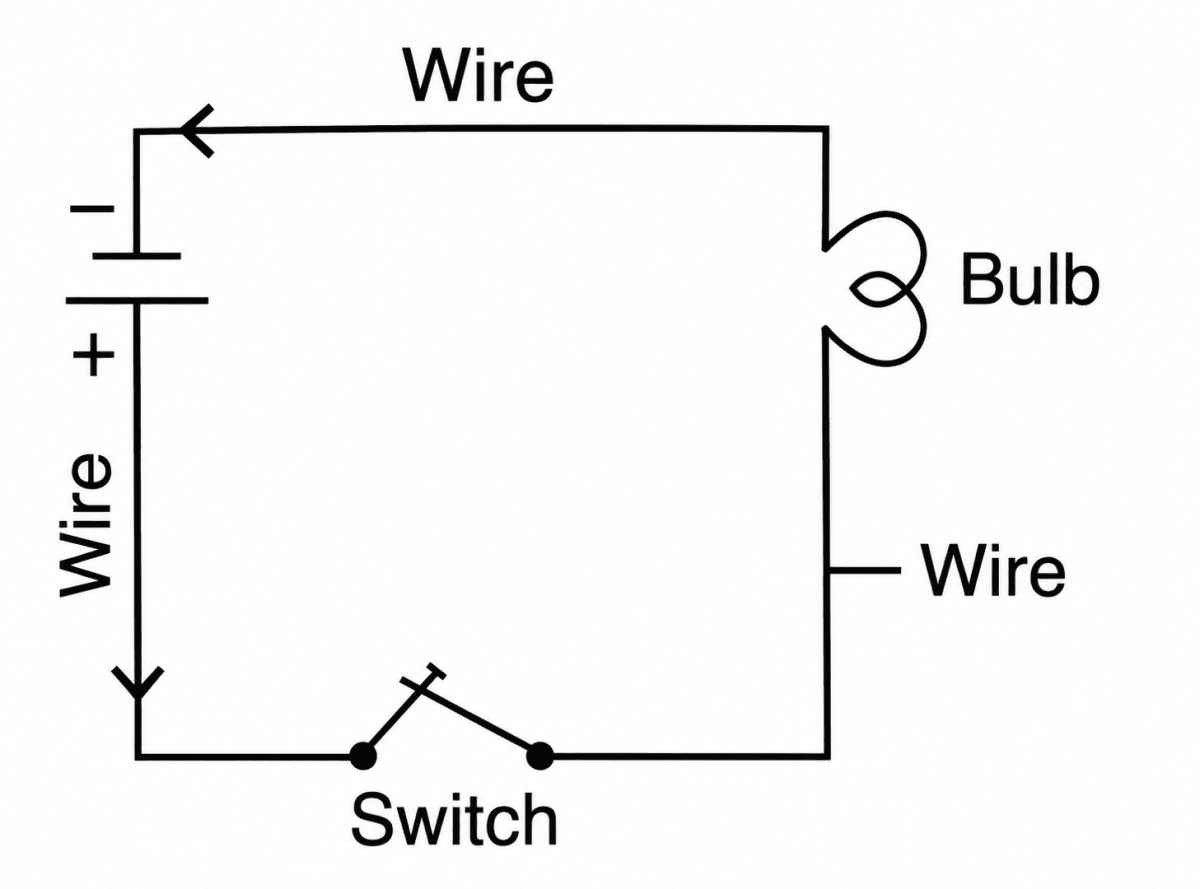 Draw a simple circuit diagram showing a cell, switch, bulb and connecting wires. Electricity and Magnetism, Viva Physics Solutions ICSE Class 7