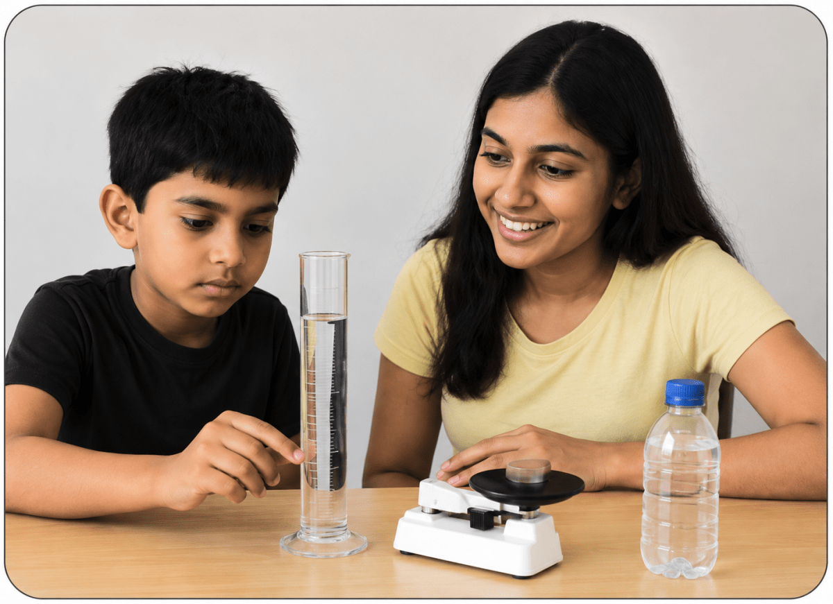 Read the given case study and answer the questions that follow. Nakul was playing near a pond when he accidentally dropped two bottles into the water – one plastic bottle filled with sand and the other filled with air. To his surprise, the air-filled bottle floated, but the sand-filled one sank. Curious, he discussed it with his elder sister, who explained that it was due to density and relative density. They conducted a simple activity at home. Using a measuring cylinder, they found the volume of a small stone and then weighed it using a balance. They calculated its density and compared it to the density of water. Since the stones density was more than that of water, it sank. Later, they learnt that objects float when they displace water equal to their own weight—a principle known as the law of flotation. Thats how huge ships, though made of heavy metal, still float because their shape allows them to displace a large volume of water. Now answer the following questions. Measuring Matter: Mass, Volume, & Density, ICSE Class 8 Viva Physics Solutions.