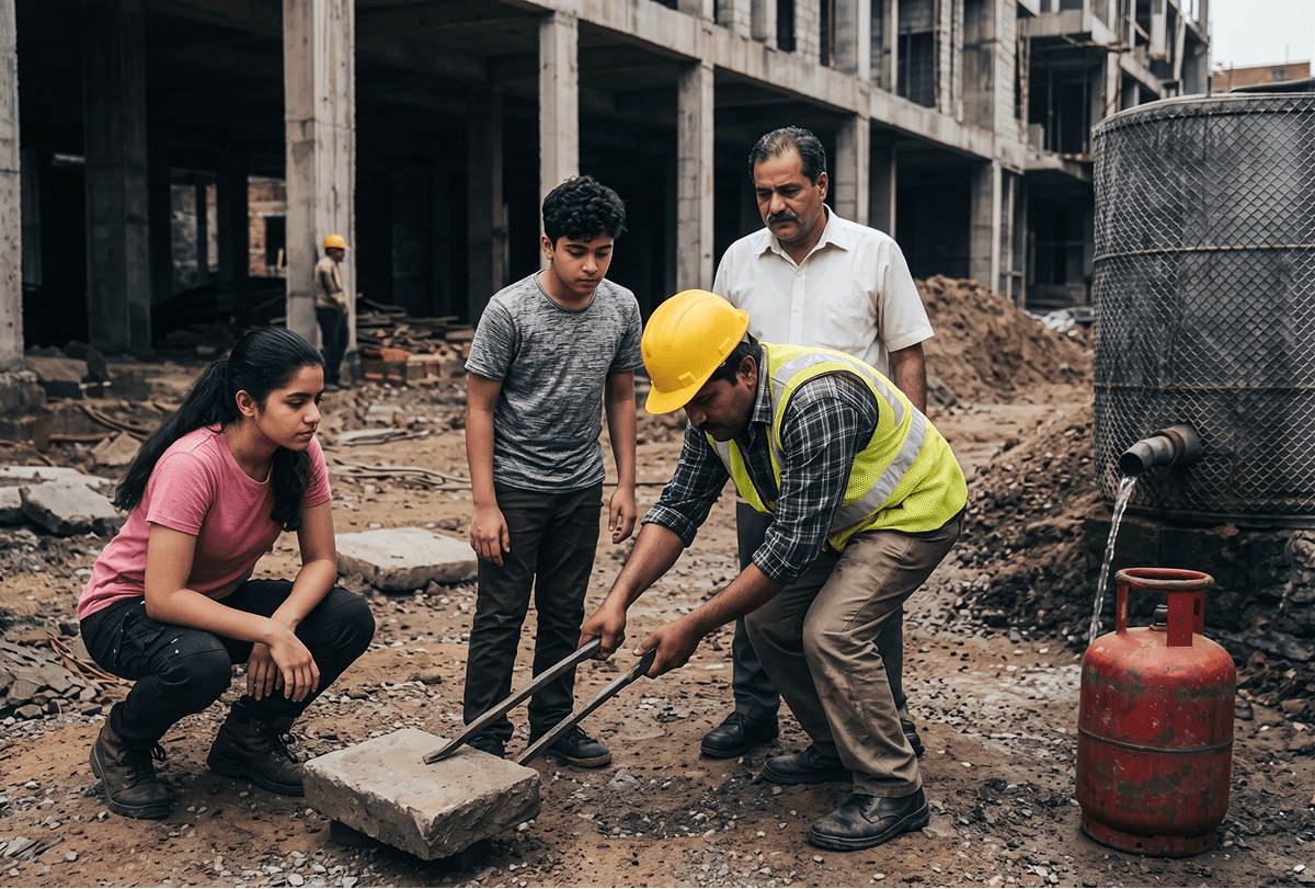 Read the given case study and answer the questions that follow. Vandana and her cousin Sahil were helping their uncle at a construction site. They noticed that the workers used long iron rods to move heavy stone slabs. Sahil asked, Why dont they just lift the stones directly? Their uncle replied, We use the rod as a lever — the longer it is, the easier it becomes to move heavy objects due to the turning effect of force. Later, Vandana saw a worker wearing broad shoes while working on muddy ground. These shoes help reduce pressure on the soft surface, her uncle explained. Since pressure is force per unit area, a larger area reduces pressure. In another corner, a tank was being filled with water. Vandana observed that the water pipe at the bottom of the tank had stronger flow than the one at the top. Sahil guessed correctly, Thats because pressure in a liquid increases with depth! Just then, a gas cylinder leaked slightly and the smell spread quickly. Their uncle warned them, Gas spreads fast in all directions and exerts pressure around — thats why leaks are dangerous. Understanding Force & Pressure Around Us, ICSE Class 8 Viva Physics Solutions.