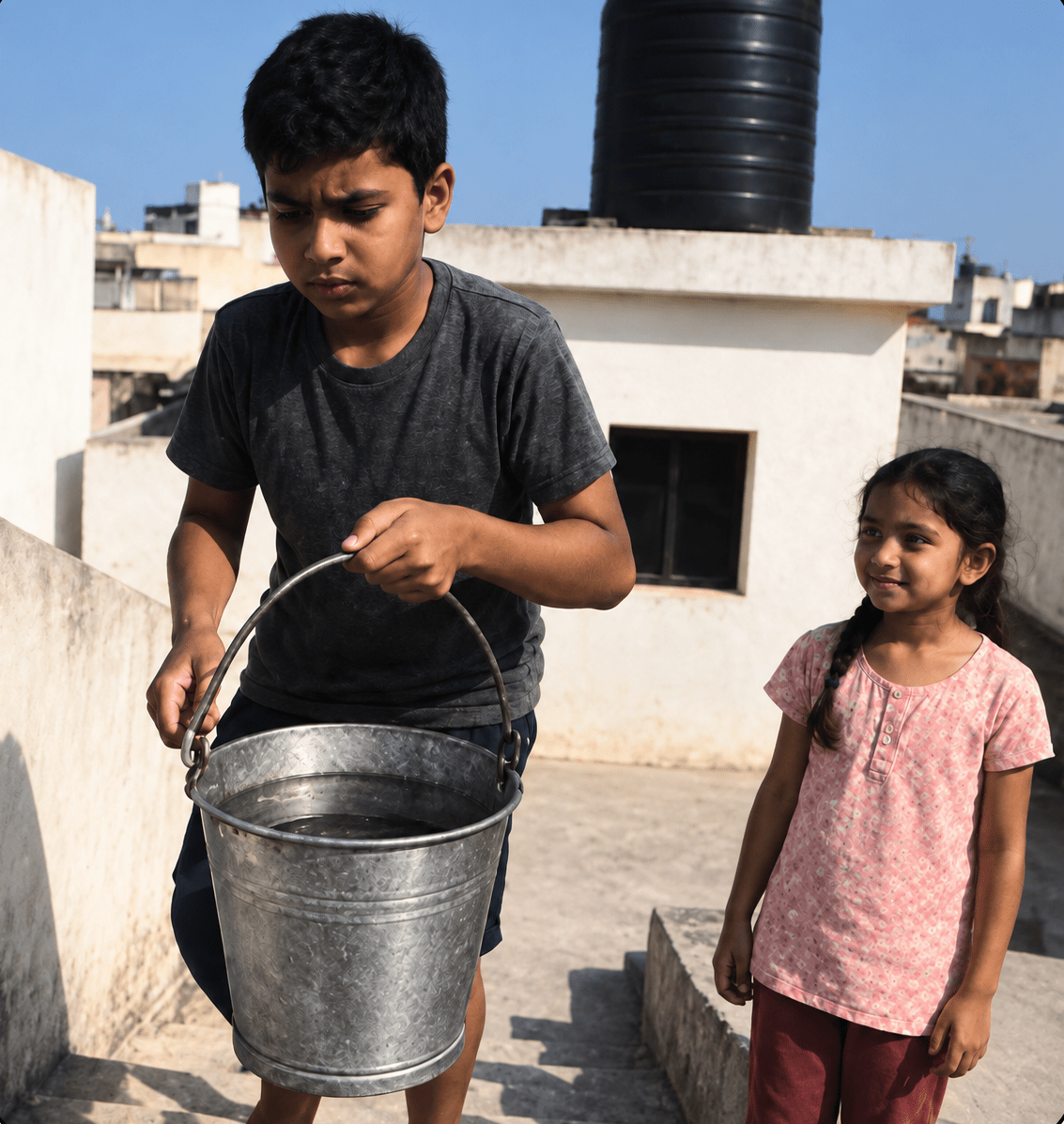 Read the given case study and answer the questions that follow. Lata lives in a small town where power cuts are common. One day, the electric motor stopped working and the family needed to fill the water tank on the roof. Latas brother Manav carried a 20-litre bucket (weighing 20 kg) up to the roof 10 metres high, 5 times. Later, Lata asked him how tired he was. Manav replied, I did a lot of work and I did it in less time than Papa usually does with the motor. But Papa says that the motor is more powerful than I am! Then Lata noticed something: when the motor runs, the electrical energy is converted into mechanical energy to lift water. But when Manav carries the bucket, his muscular energy is used. She also observed that a bucket at rest on the roof still holds some energy even if its not moving. Work, Energy & Power, ICSE Class 8 Viva Physics Solutions.