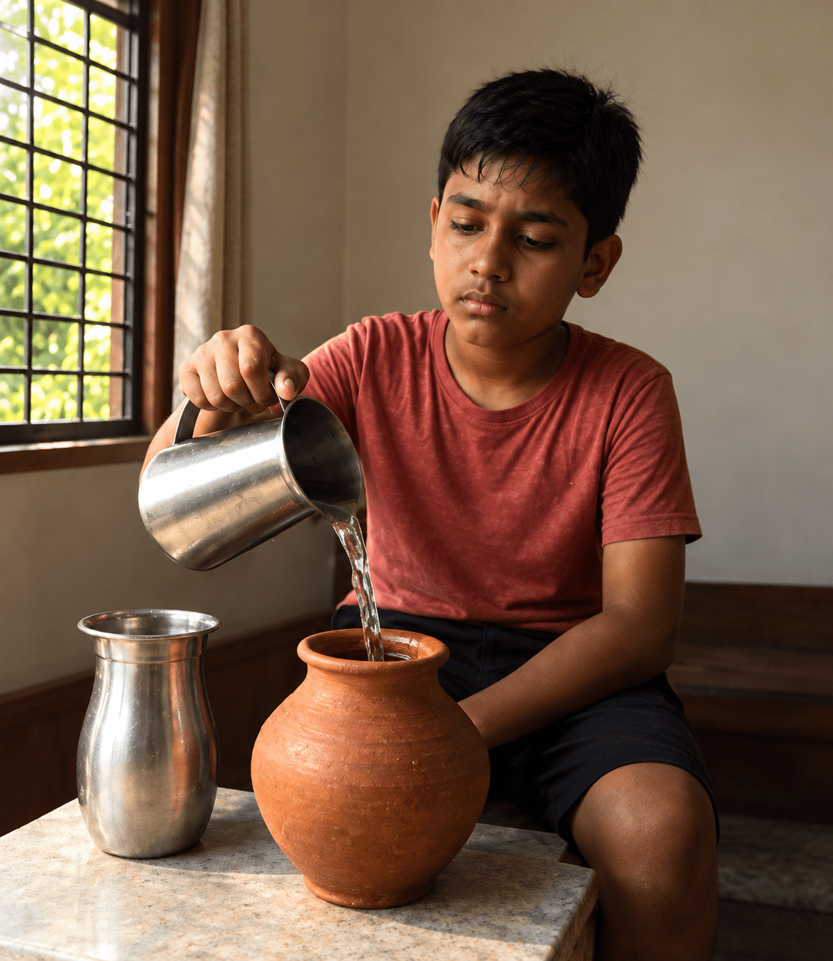 Read the given case study and answer the questions that follow. It was a hot afternoon in June. Sam came back from school, sweating and tired. As he entered the room, he quickly switched on the ceiling fan, but it didnt work. His mother explained that there was a power cut in their area. Sam opened the window and sat near it. He noticed that even the air coming from the window felt hot. He walked to the kitchen to drink water, but the steel jug was also warm. Disappointed, he poured the water into an earthen pot kept nearby. After an hour, he checked again and found the water cool. That evening, his science teacher had assigned a chapter on Heat and its Effects. As Sam read the chapter, everything he experienced during the day started to make sense. He understood that the hot air near the window was due to the sun heating the ground and air outside. The steel jug became hot because metal is a good conductor of heat. On the other hand, the water in the earthen pot was cool due to evaporation — water slowly seeped through the porous walls of the pot and evaporated, taking away some heat. Transfer of Heat, ICSE Class 8 Viva Physics Solutions.