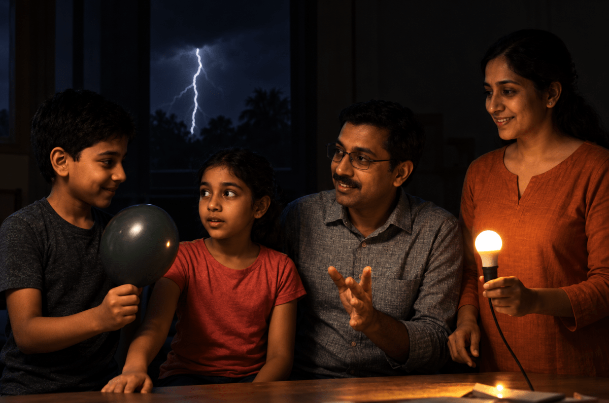 Read the given case study and answer the questions that follow. One evening, Naman and his sister Preet were playing indoors. Suddenly, dark clouds gathered, and it started thundering. A flash of lightning lit up the sky followed by a loud roar. Preet got scared. Their father calmly said, Dont worry. The house has a lightning conductor that safely carries the electric charges into the ground. Just then, Naman rubbed a balloon on his hair and brought it close to Preets arm. The hair on her arm stood up! Thats static electricity, just like our teacher showed in the class, Naman laughed. Later, power went off due to storm. Their parents lit LED bulbs connected to a backup inverter. Their father said, Always unplug devices during storms. It protects them from damage and saves electricity too. He also showed them a fuse that melted earlier and prevented a short circuit. Electricity in Our Lives, ICSE Class 8 Viva Physics Solutions.