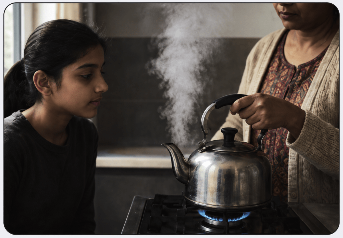 Read the given case study and answer the questions that follow. One chilly morning, Amita saw her mother boiling water to make tea. As she watched, tiny bubbles started forming at the bottom of the kettle and slowly rose up. Steam began escaping from the spout. Curious, Amita recalled her science class where she had learned that water changes state when heated. She noticed the water didnt boil instantly — the temperature slowly increased until it reached a point where bubbles formed steadily. She remembered that this was called the boiling point, and her teacher had shown them a heating curve graph in class. The graph had flat parts where the temperature stayed constant during a change of state. Matter: From Molecules to Motion, ICSE Class 8 Viva Physics Solutions.