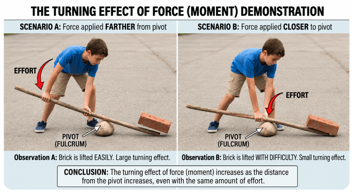 Design a simple activity using a stick and a brick to explain the turning effect of force to your classmates. Write the steps and what they will observe. Understanding Force & Pressure Around Us, ICSE Class 8 Viva Physics Solutions.