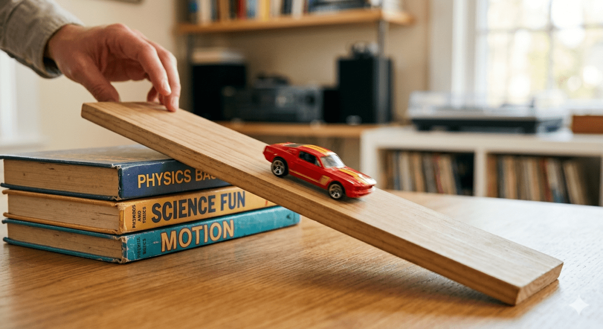 Design a simple activity or model to show transformation of energy from potential to kinetic using household items (like a toy car on a ramp). Work, Energy & Power, ICSE Class 8 Viva Physics Solutions.