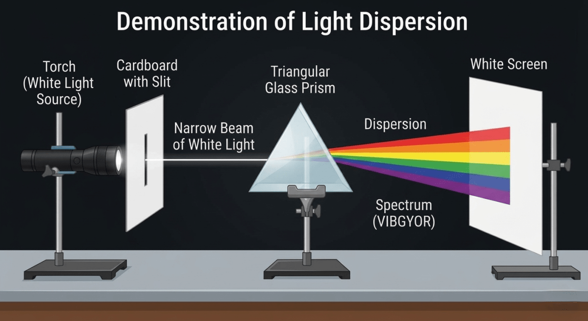 Design a simple experiment using a torch and a prism to demonstrate dispersion of light at home or in class. What materials will you need and what steps will you follow? Exploring the Wonders of Light, ICSE Class 8 Viva Physics Solutions.