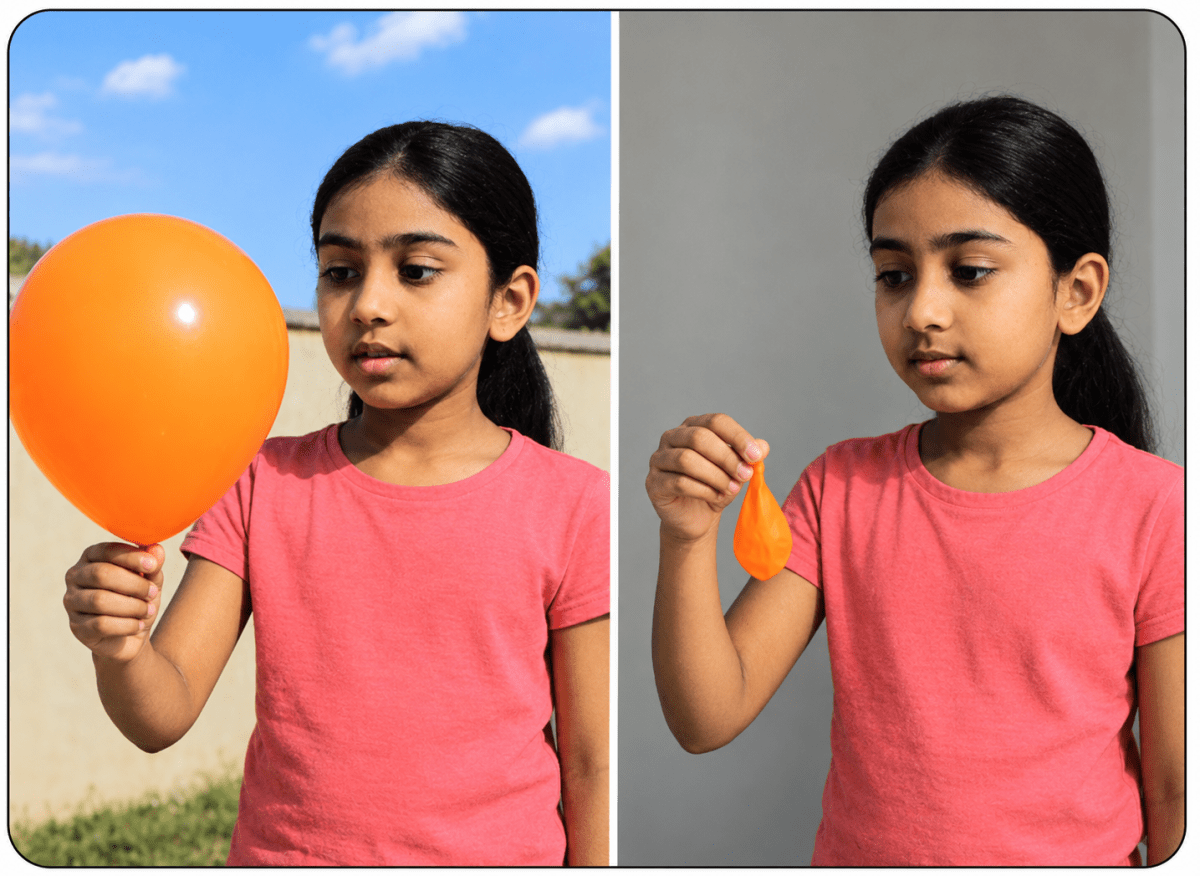 Prabha left a balloon filled with air outside in the sun. After some time, she saw it had become bigger. She brought it inside, and it shrank. Prabha realized that the heat from the sun made the air particles inside move faster and spread out, causing the balloon to expand. When cooled, the particles moved slower and came closer together, making the balloon shrink. Matter: From Molecules to Motion, ICSE Class 8 Viva Physics Solutions.