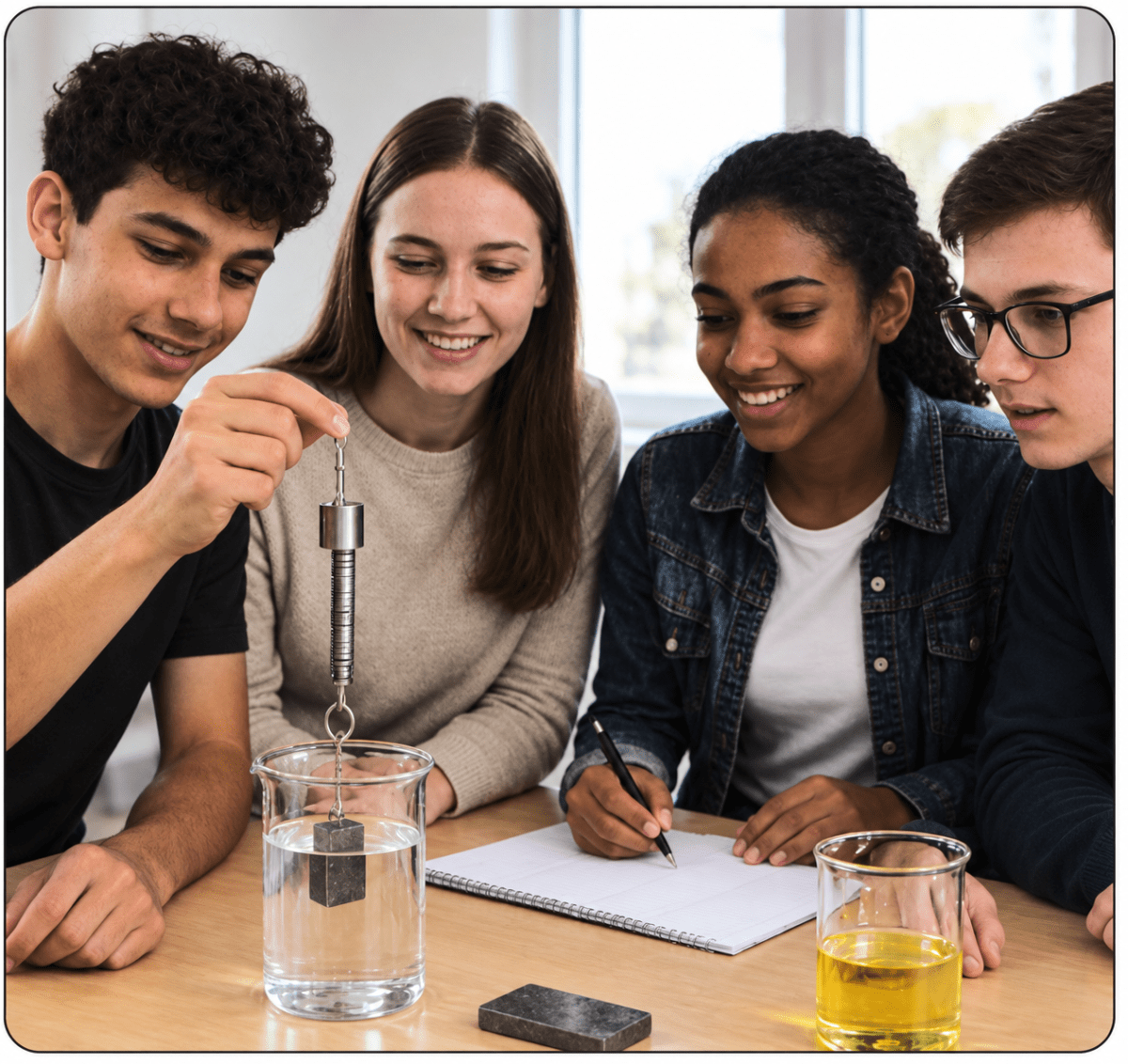 A group of students performed an experiment. They took an iron block and found its mass using a spring balance. Then, they placed it in a measuring jar filled with water and noted the volume it displaced. Using these values, they calculated its density. They repeated a similar activity with oil and water to observe how liquids of different densities behave. Measuring Matter: Mass, Volume, & Density, ICSE Class 8 Viva Physics Solutions.