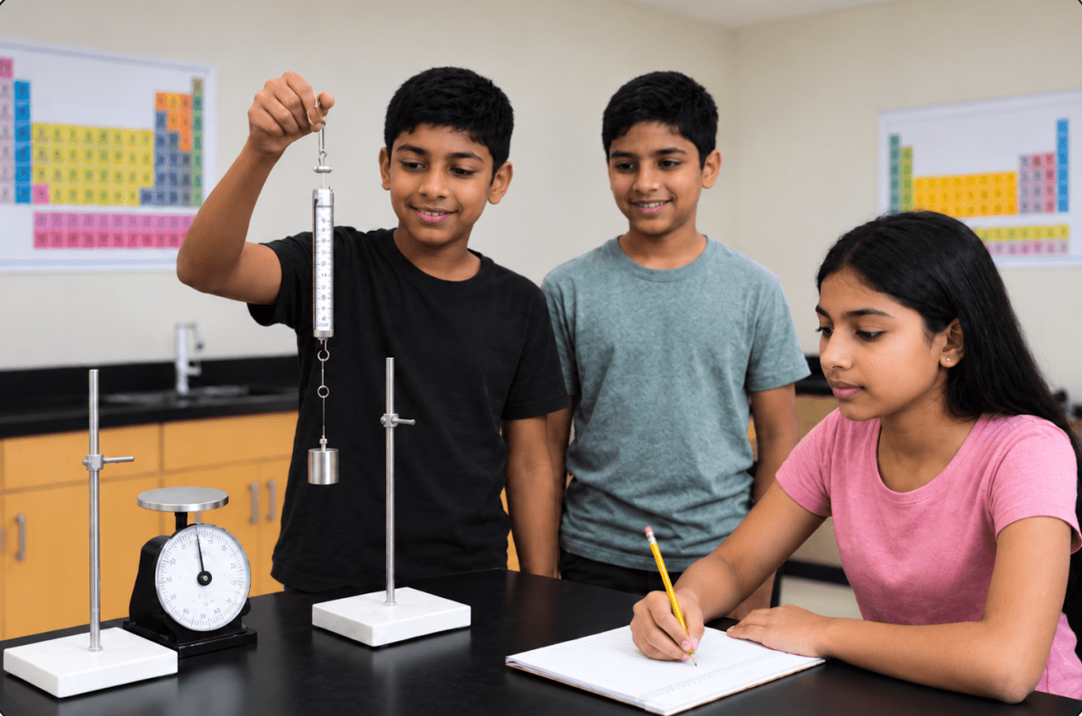 In a lab activity, students used a spring balance to lift | KnowledgeBoat