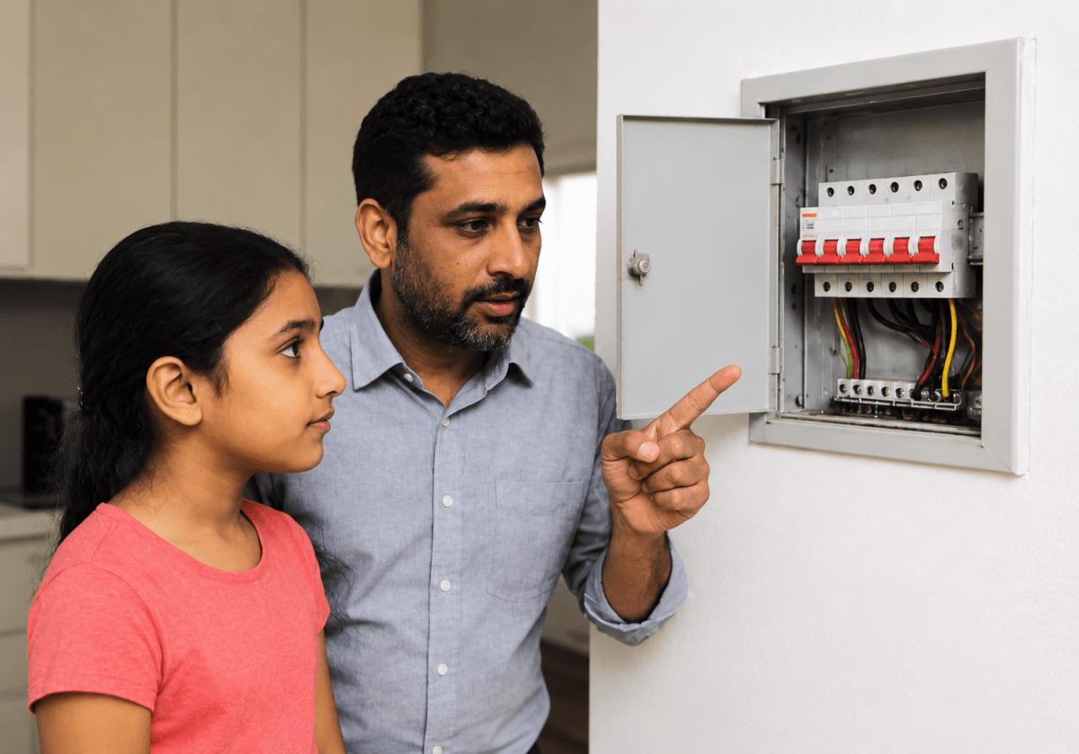 At home, Palak used many electrical appliances at once and suddenly all the lights went out. Her father showed her a tripped circuit breaker and explained it had shut off to prevent overloading. He also talked about fuses and earthing wires in the circuit box. Electricity in Our Lives, ICSE Class 8 Viva Physics Solutions.