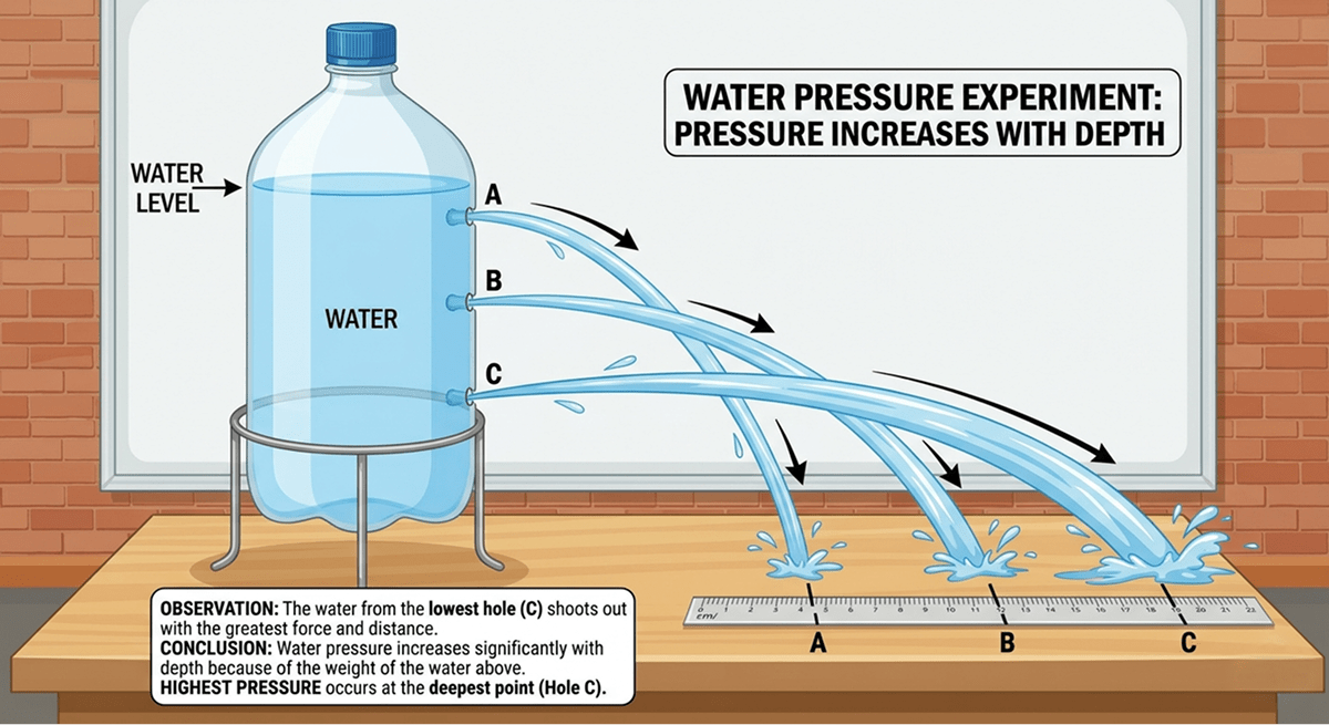 In a science lab, students filled a bottle with water and made three holes at different heights. They observed that water from the lowest hole came out with more force. Later, they inflated a balloon and noticed it expanded in all directions equally. Understanding Force & Pressure Around Us, ICSE Class 8 Viva Physics Solutions.
