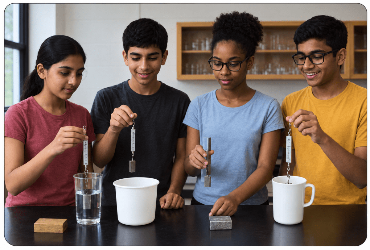 In the science lab, students compared the densities of solid blocks (wood, iron and aluminum), water and air. They used measuring cylinders and overflow cans to measure volume and spring balances for mass. They noticed airs mass was nearly unmeasurable compared to solids and liquids. Measuring Matter: Mass, Volume, & Density, ICSE Class 8 Viva Physics Solutions.