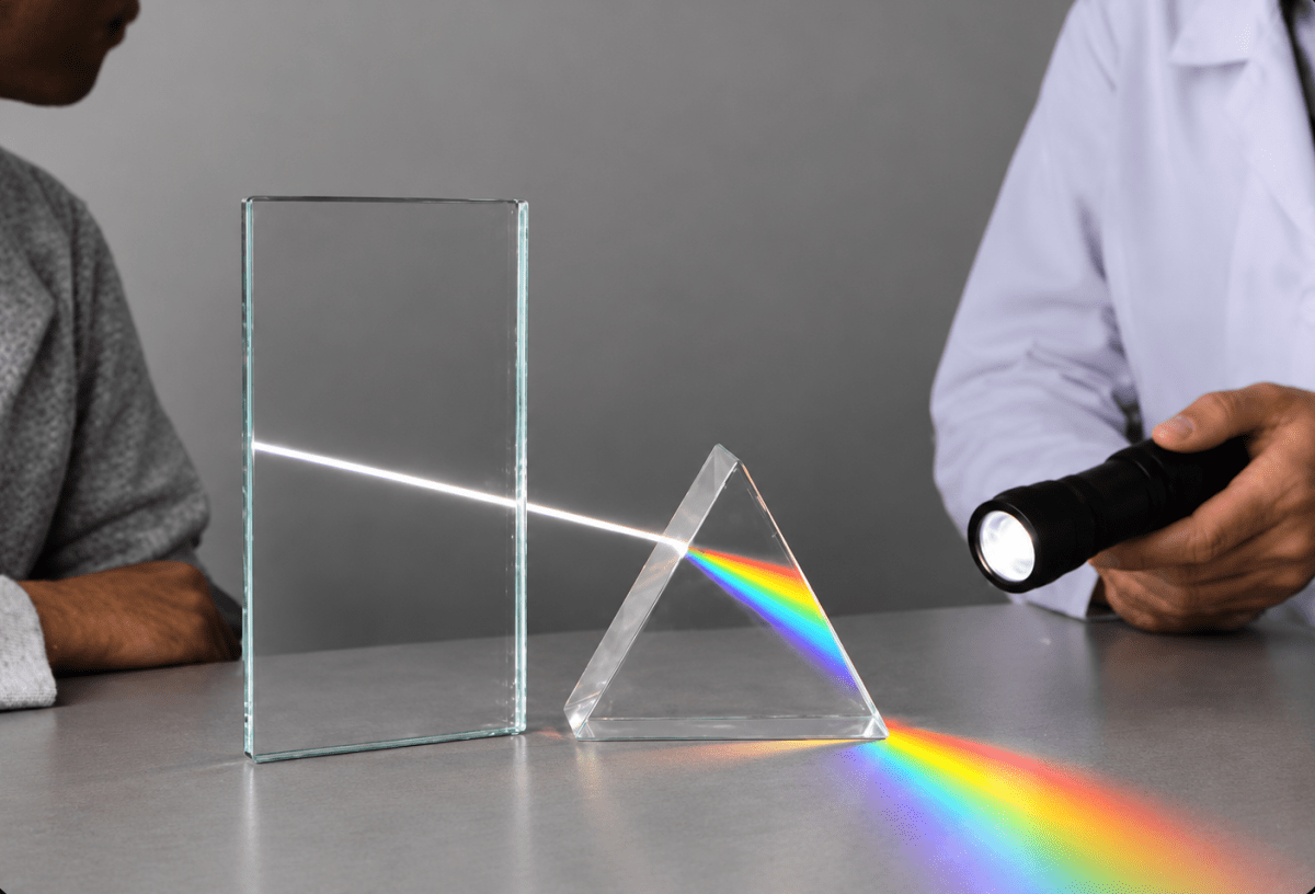 In the lab, students directed a ray of light through a glass slab and saw that it emerged parallel to the incident ray but slightly shifted. When the same light ray passed through a prism, it bent and split into different colours. Exploring the Wonders of Light, ICSE Class 8 Viva Physics Solutions.