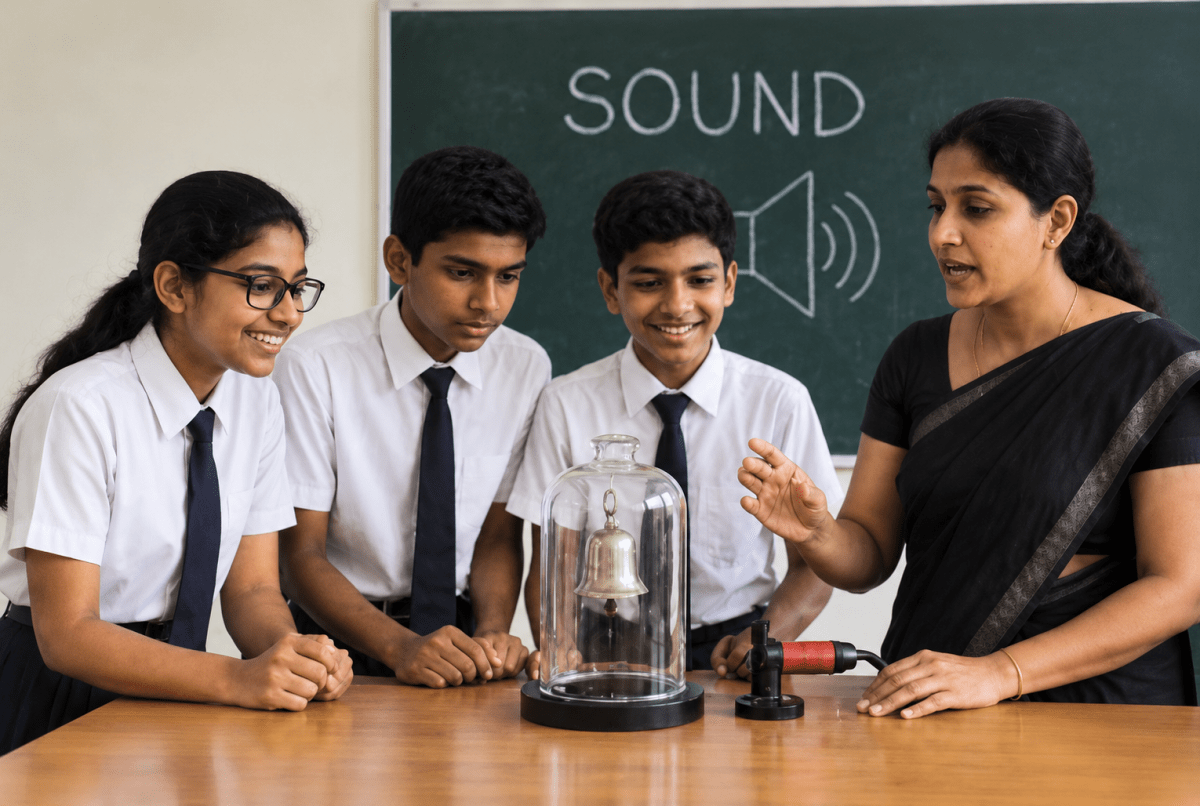 During a science class, students tried to make a bell ring inside a vacuum jar. When the air was removed, they saw the bell vibrating but could hardly hear it. Their teacher explained the importance of a medium in carrying sound. Exploring the world of Sound, ICSE Class 8 Viva Physics Solutions.