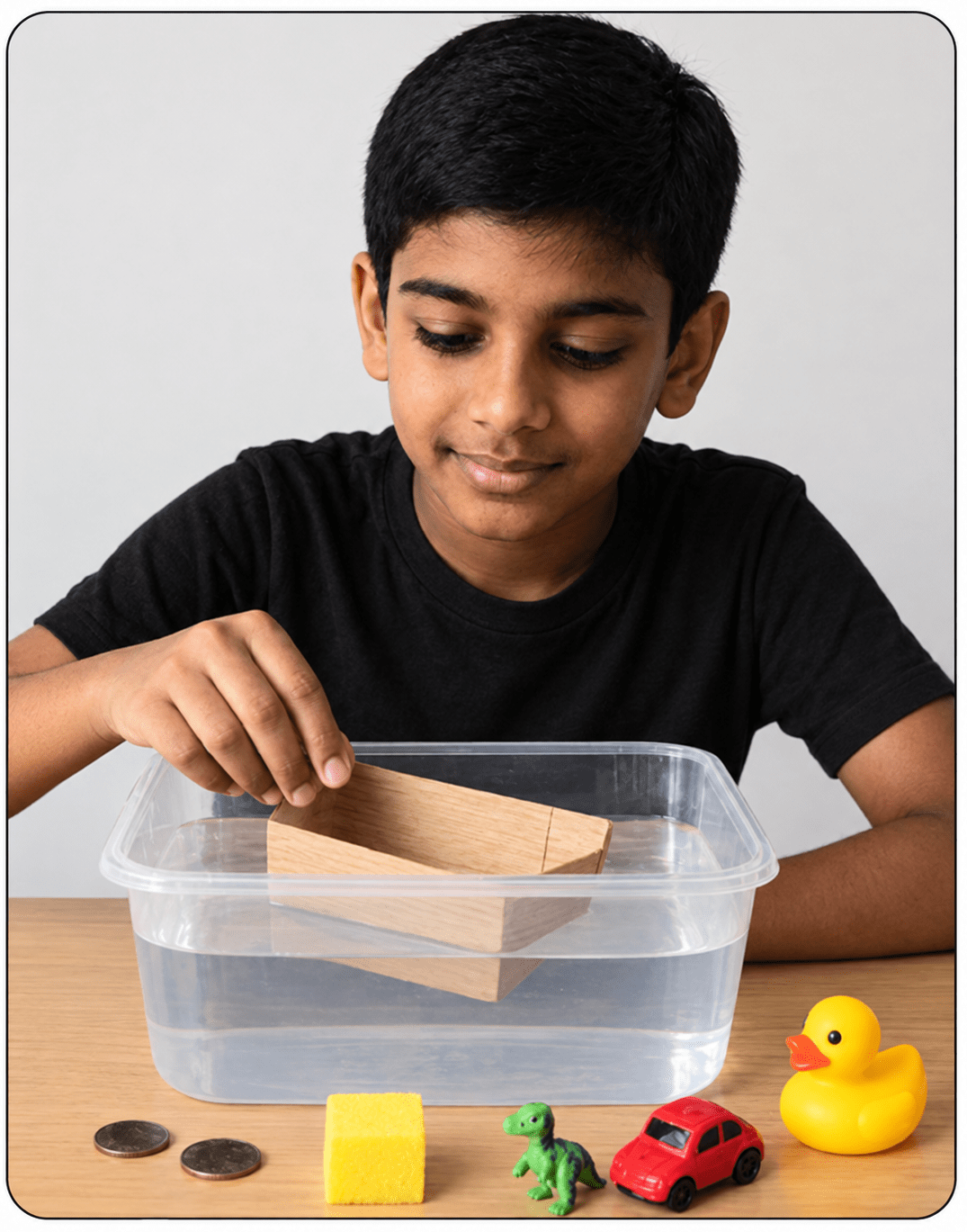 Vijay designed a cardboard boat and tested whether it would float in water. He learnt about the law of flotation—that objects float when the weight of the water they displace equals their own weight. He experimented with coins, sponges, and plastic toys to see what floats and what sinks. He concluded that the shape and density both matter. Measuring Matter: Mass, Volume, & Density, ICSE Class 8 Viva Physics Solutions.