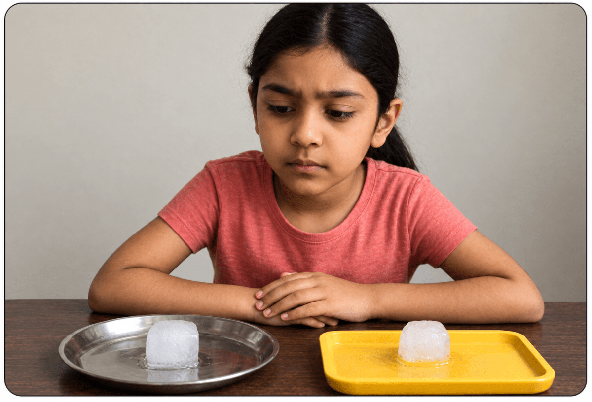 Palak kept an ice cube on a steel plate and another on a wooden tray. After a while, she saw that the ice on the steel plate melted faster. She wondered why that happened. In school, she had learnt that different materials conduct heat differently. Steel is a good conductor, so it quickly transfers heat to the ice, melting it faster. Wood is a poor conductor, so the ice on it melts more slowly. Matter: From Molecules to Motion, ICSE Class 8 Viva Physics Solutions.