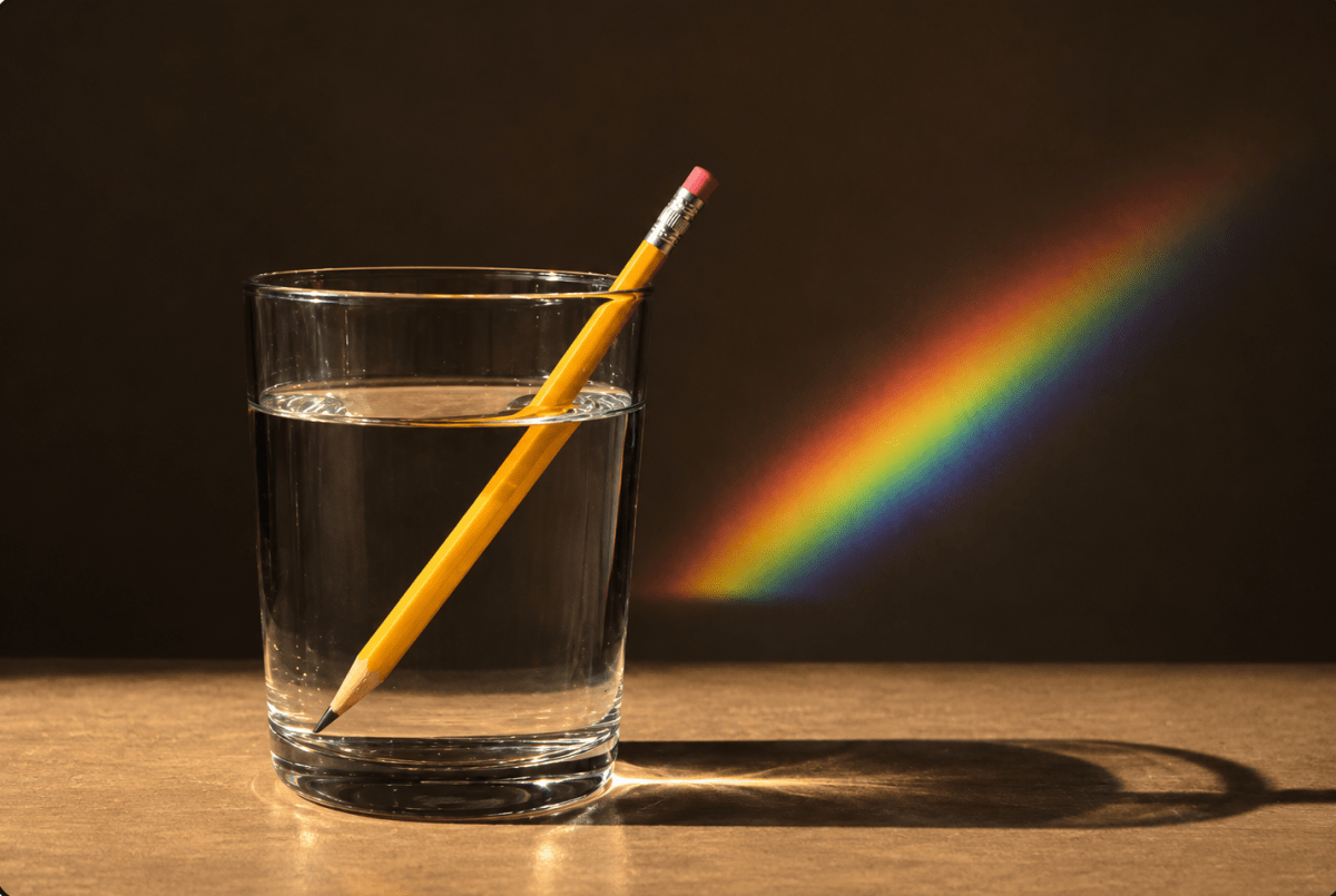 Sunny dipped a pencil into a glass of water and noticed that it looked bent at the surface. When he asked his teacher, she said that light changes direction when it passes from one medium to another. Later, he also observed a rainbow and wondered if the two phenomena were connected. Exploring the Wonders of Light, ICSE Class 8 Viva Physics Solutions.