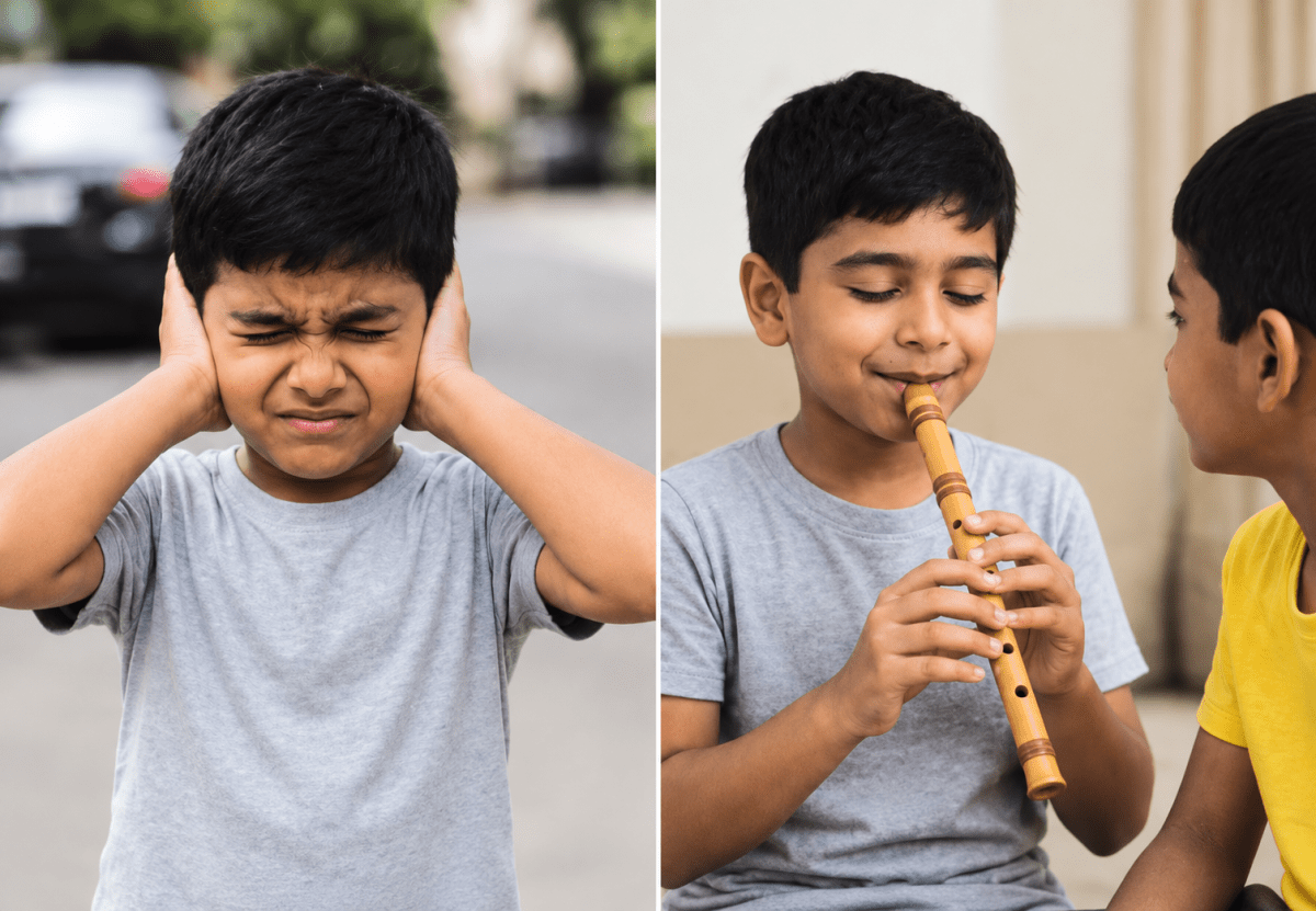 Manav covered his ears when a loudspeaker passed by. Later, he played a flute and enjoyed the soft sound. He realised some sounds are pleasant and some are unpleasant. He also noticed that his voice sounded different from his friends, even when they spoke at the same volume. Exploring the world of Sound, ICSE Class 8 Viva Physics Solutions.