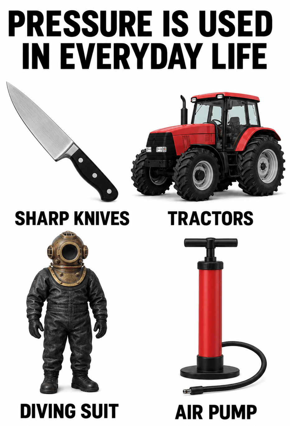 Create a poster that shows how pressure is used in everyday life (for example, sharp knives, tractors, diving suits). Include three examples and short explanations. Understanding Force & Pressure Around Us, ICSE Class 8 Viva Physics Solutions.