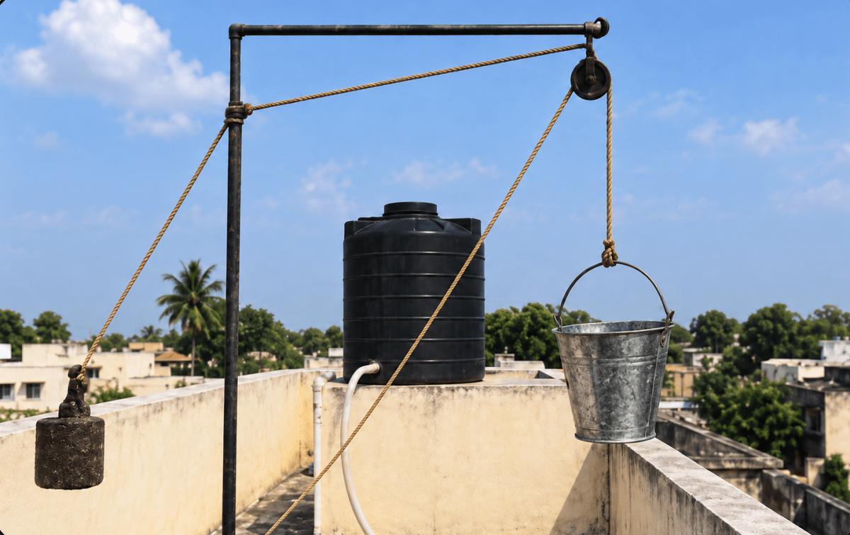 Imagine a world without electricity. Create a plan to lift water to a roof tank using a manual method that involves least human effort and explain the science behind it. Work, Energy & Power, ICSE Class 8 Viva Physics Solutions.