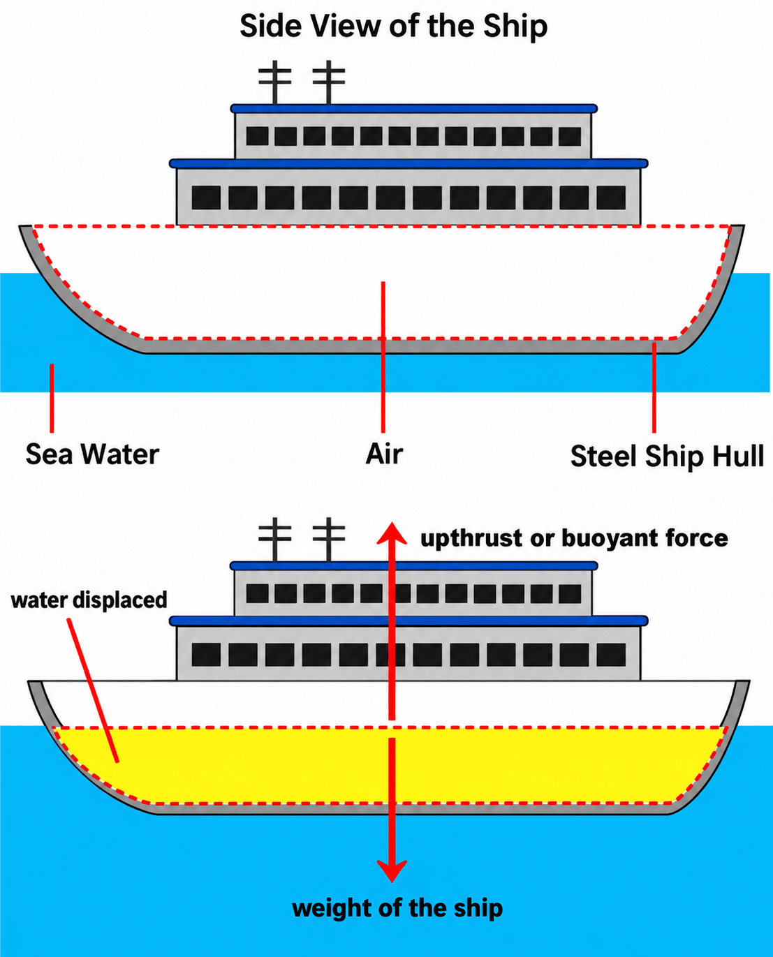 Create a model or a drawing to explain how a ship made of heavy metal floats on water despite the high density of the material used. Measuring Matter: Mass, Volume, & Density, ICSE Class 8 Viva Physics Solutions.