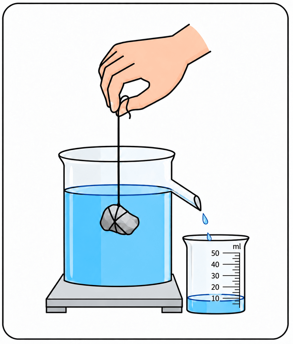 Explain with a diagram how the density of an irregular solid is determined using a Eureka can. Measuring Matter: Mass, Volume, & Density, ICSE Class 8 Viva Physics Solutions.