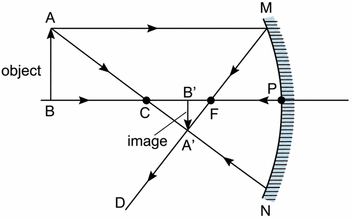 Draw a neat ray diagram to show the formation of a real image by a concave mirror. Exploring the Wonders of Light, ICSE Class 8 Viva Physics Solutions.
